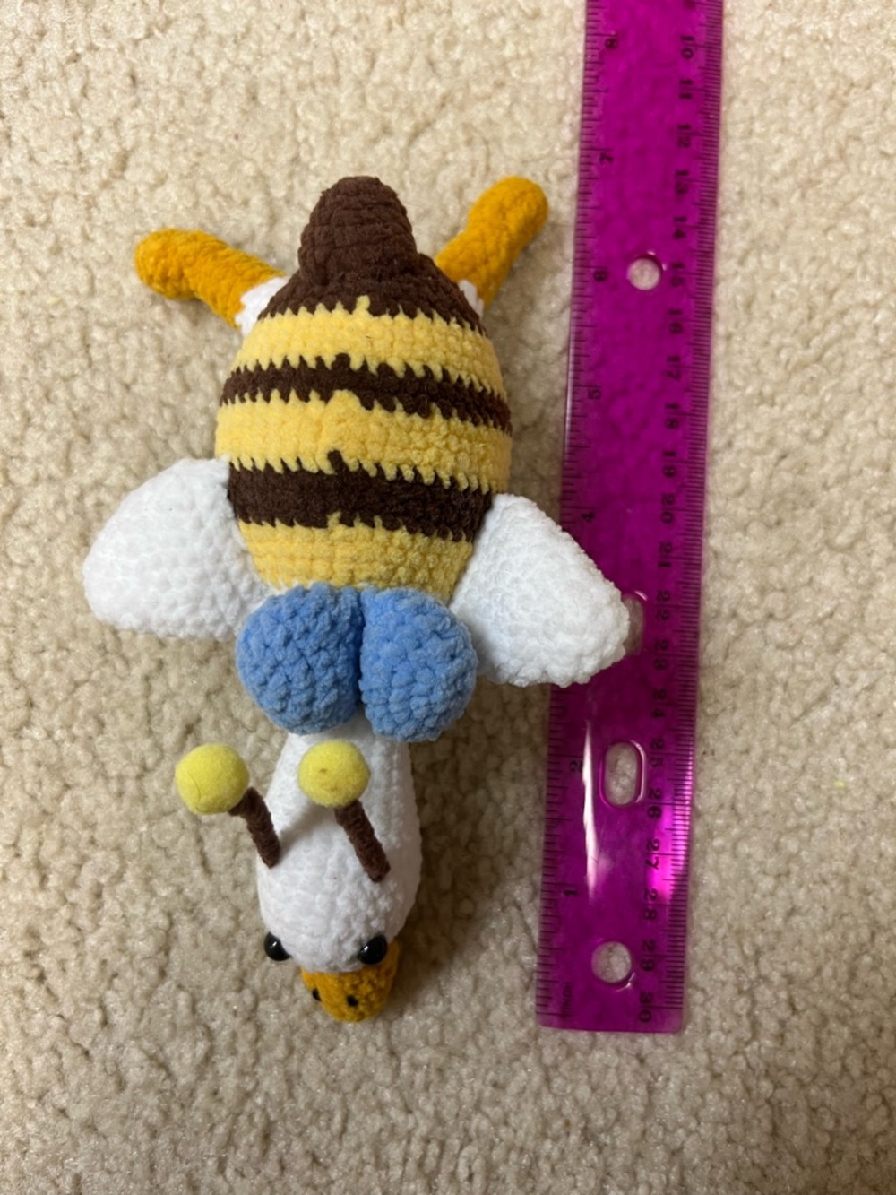 Plush Bee Rattle Soft Toy in Yellow, Brown, White and Blue